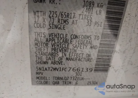 2015 Nissan Rogue Sv z USA, uszkodzony, nr VIN 5N1AT2MV1FC766139